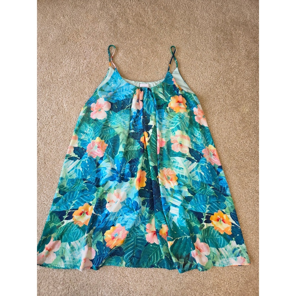 Adrienne Tropical Floral Mini Dress Blue Green Palm Hibiscus Spaghetti Strap M
